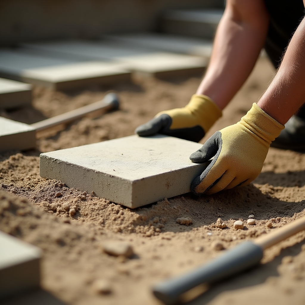 Crew member setting paver stones for a garden patio base during installation