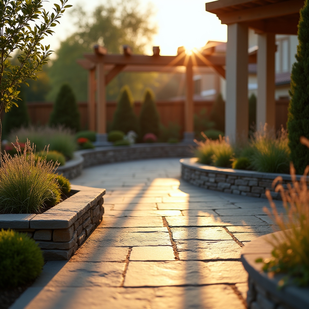 Newly designed backyard living space with stone patio, plantings and seating area