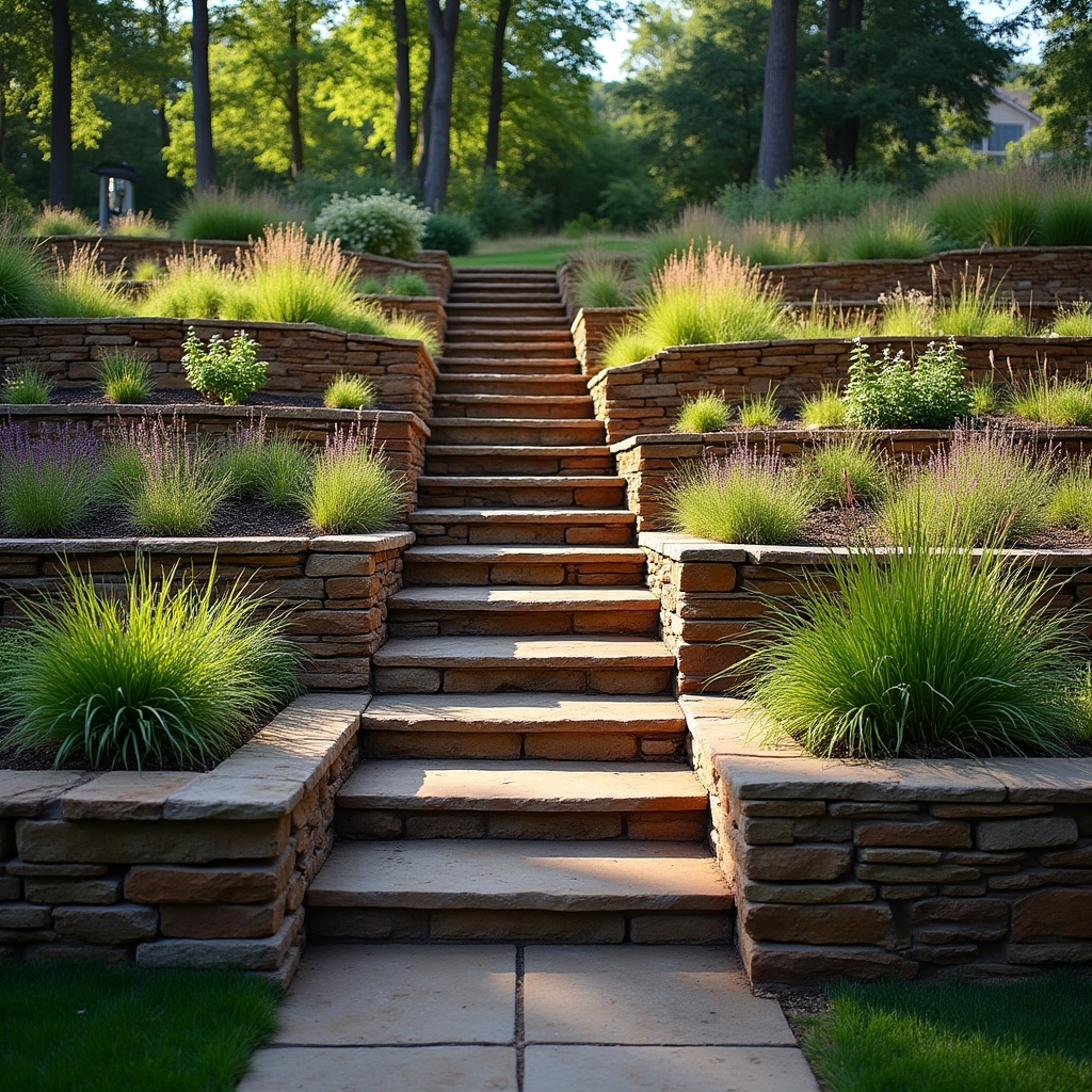 Terraced landscape renovation with retaining walls and layered planting on a sloped backyard